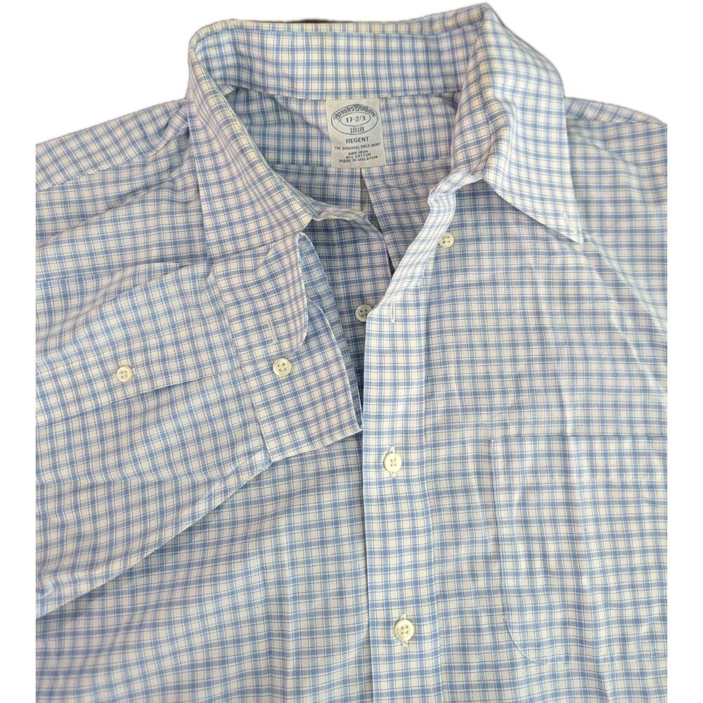 Brooks Brothers Dress‎ Shirt Mens 1818 17 2/3 Blue Check Button Up Long Sl